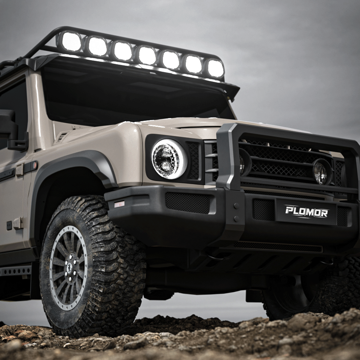 Heavy-duty windshield mount LED light system on INEOS Grenadier