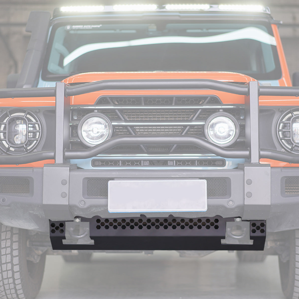 PLOMOR heavy-duty steel front skid plate for INEOS Grenadier. Designed to shield the engine, differential, and steering components during rugged off-road driving.