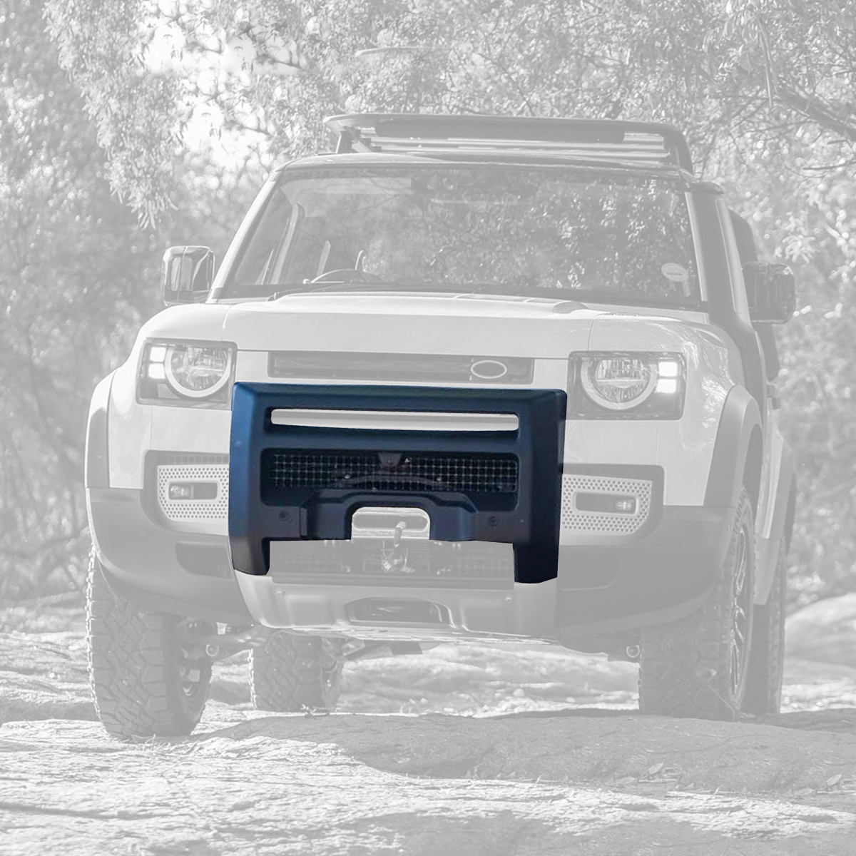 Defender 90 110 130 A-bar front bumper installed street view OEM style fit