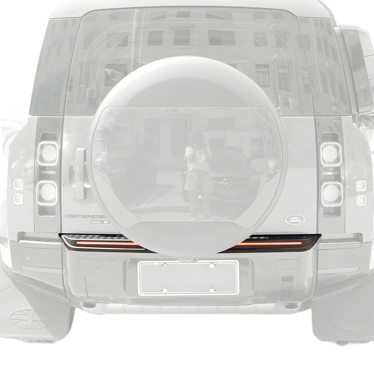 Rear view of Land Rover Defender 90/110 (L663) with rear tailgate LED light bar installed