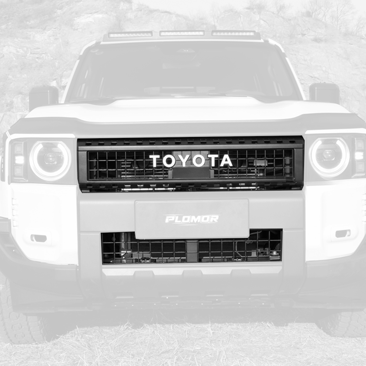 No-drill installation design of Toyota LC250 engine bug mesh for quick and secure fitment.