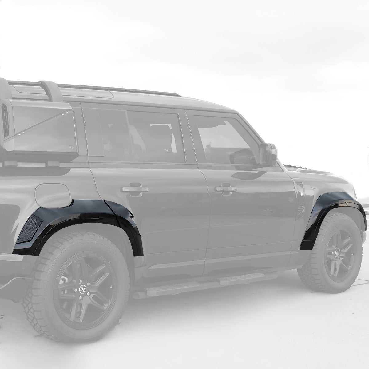 Off road wide wheel arch kit installed side profile Land Rover Defender 110 styling upgrade