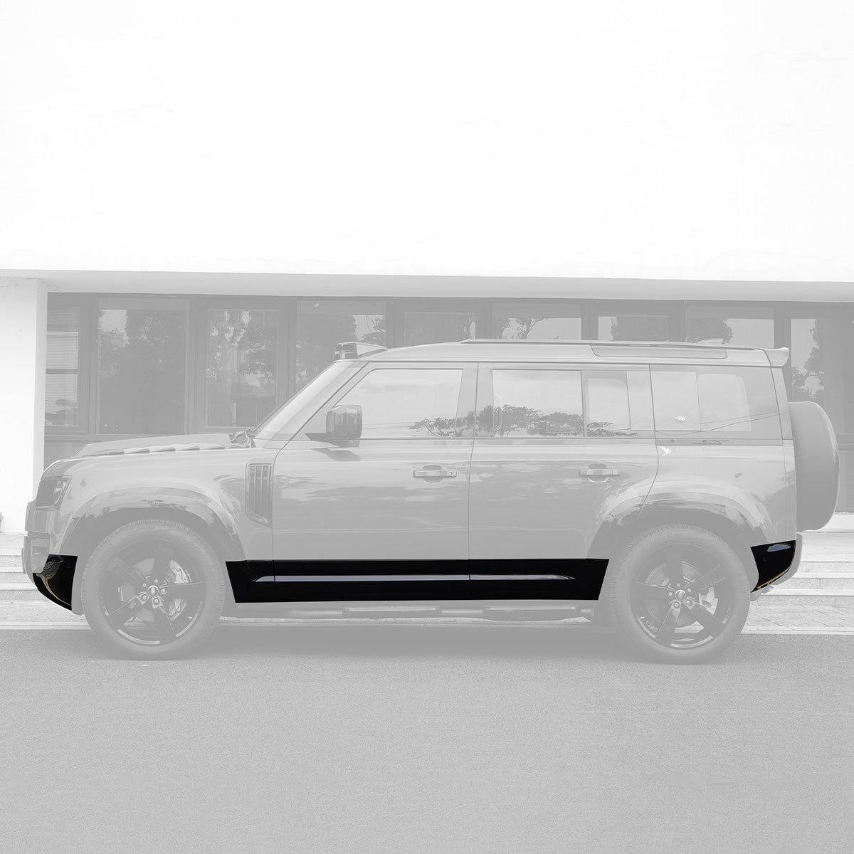 PLOMOR Gloss Black Side Moulding installed on Land Rover Defender