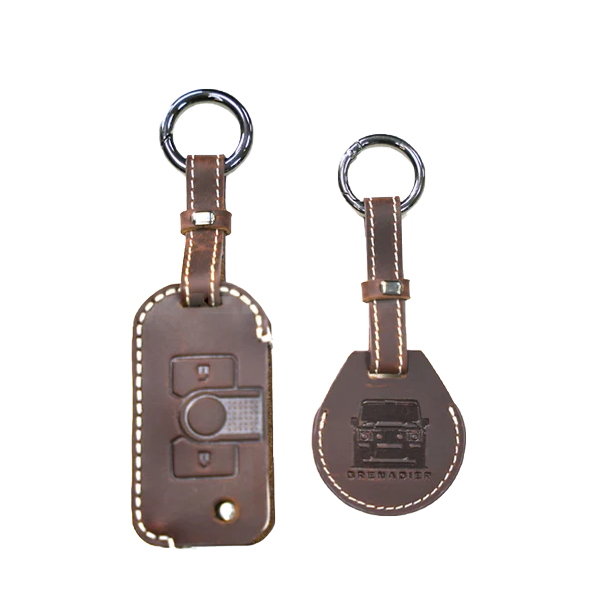 Brown leather keychain and AirTag cover set for Ineos Grenadier, luxury leather accessory