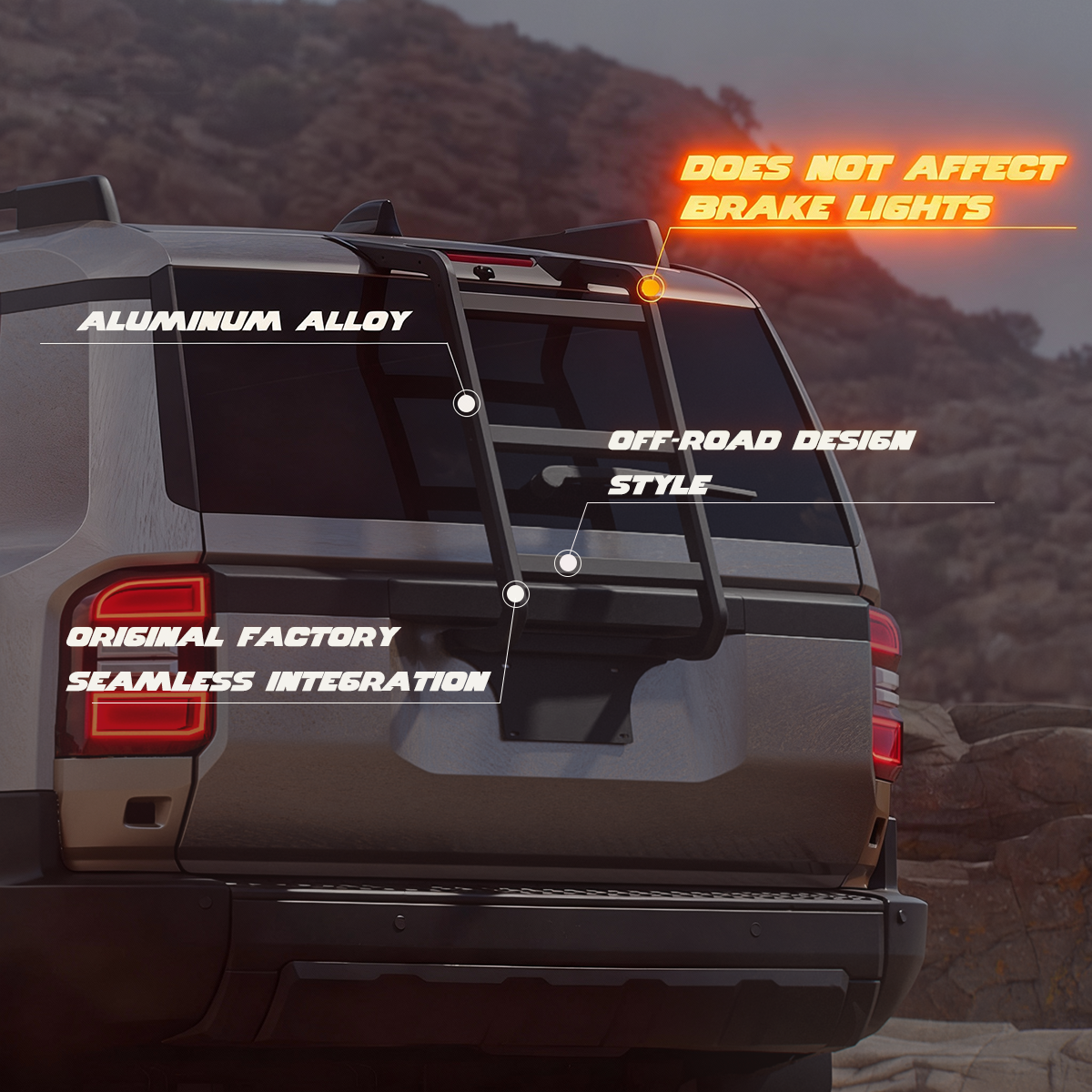 Rear view of a Toyota Land Cruiser LC250 fitted with a matte-black aluminium rear door ladder; OEM-style integration, off-road design, and the ladder does not obstruct the high-mounted brake ligh