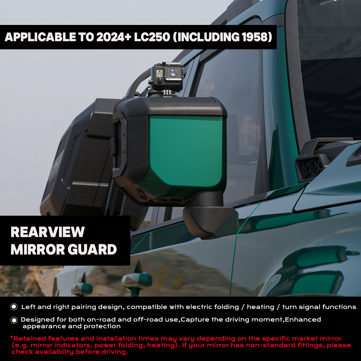 PLOMOR rear-view mirror guard with integrated action-camera mount installed on Toyota Land Cruiser LC250 (1958 included).