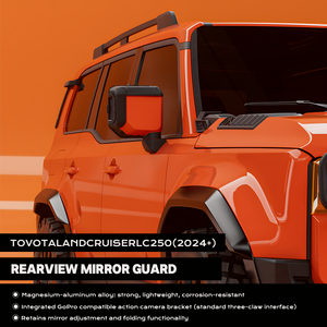 PLOMOR rear-view mirror guard for Toyota Land Cruiser LC250 (2024+), magnesium-aluminium, GoPro-compatible, no-drill install.