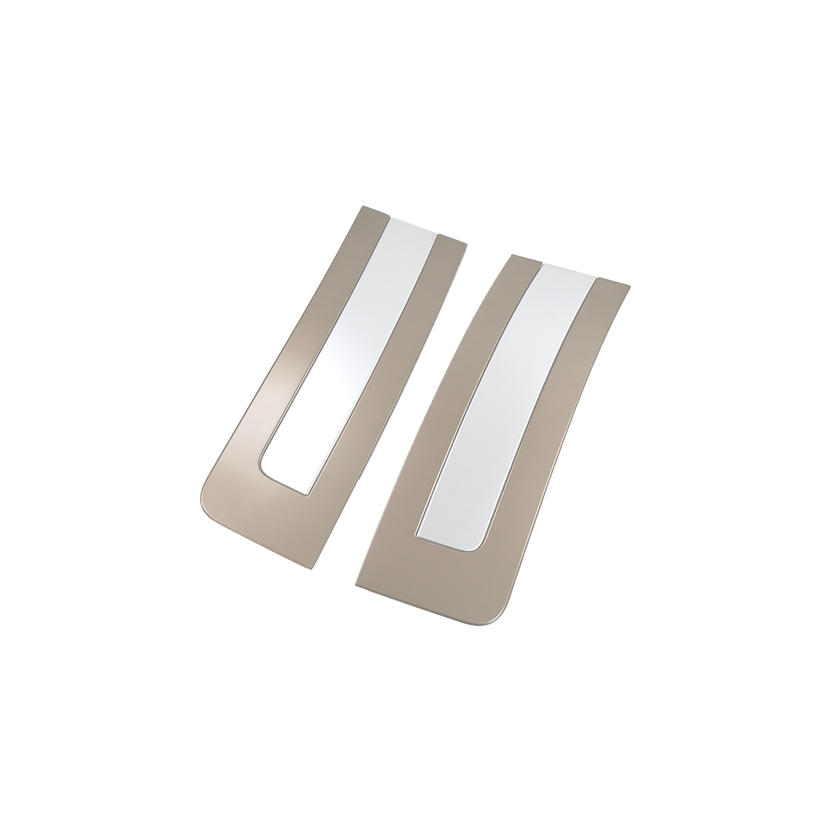 Angled view of PLOMOR silver and gold B-pillar trim covers for Range Rover L460 (2023+), showing dual-tone design and premium gloss finish.