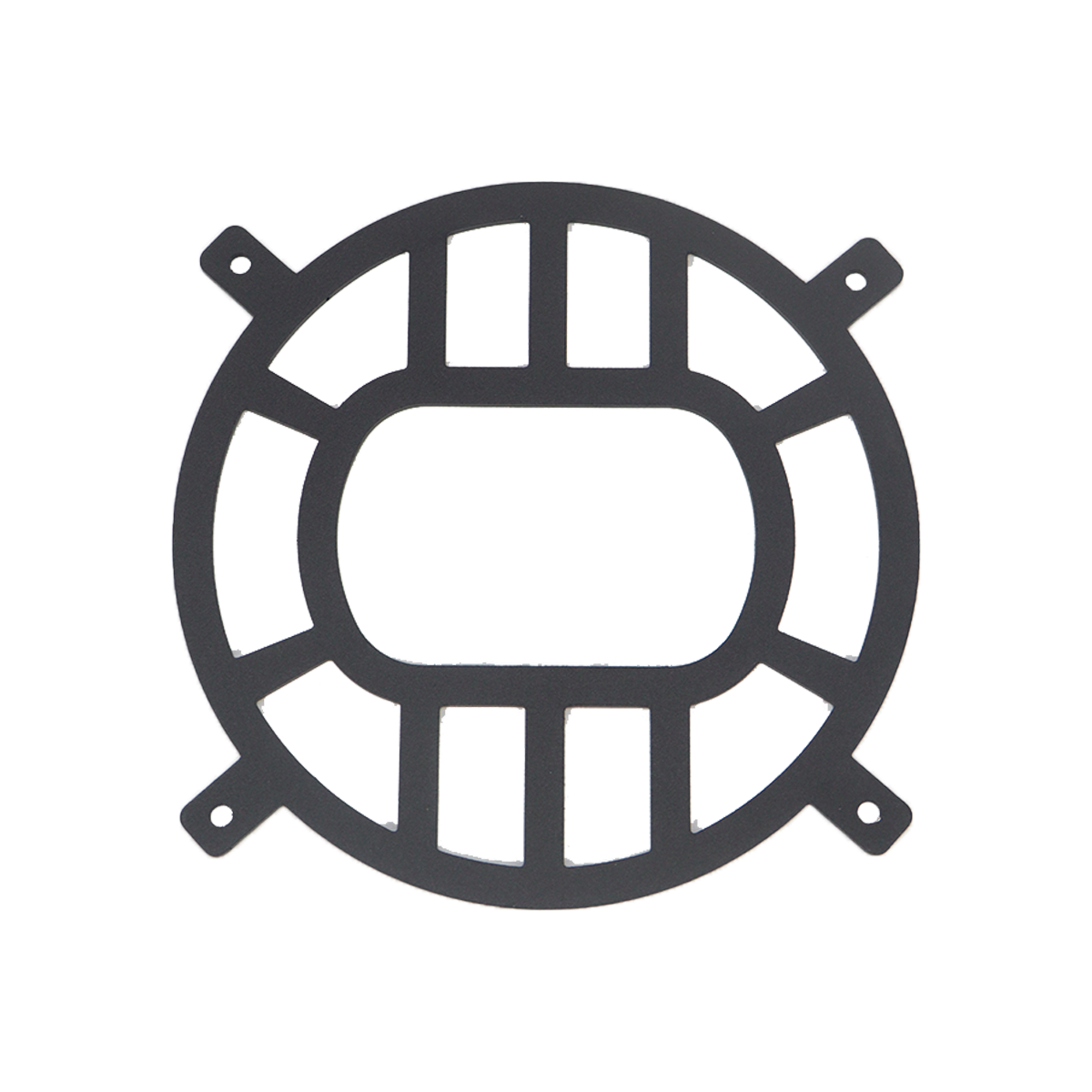 PLOMOR hood vent inner grille plate for Toyota Land Cruiser LC250, matte black steel, front-on product view with mounting tabs