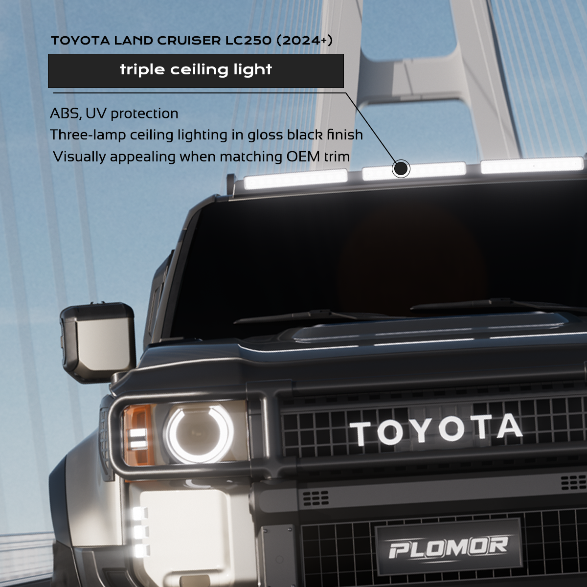 PLOMOR gloss black ABS triple roof lighting cover installed on Toyota LC250, front-on close view, no drilling required