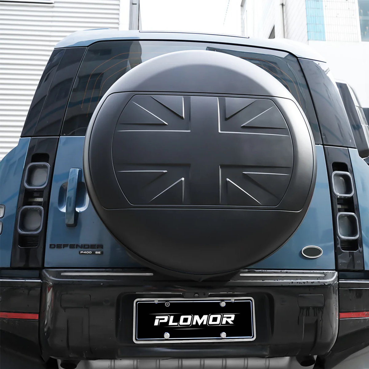 PLOMOR UK Flag ABS Spare Wheel Cover Installed on Defender 110 Rear View