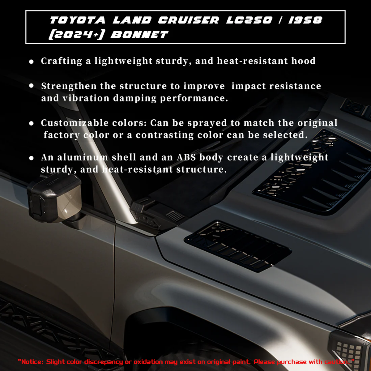 Off-road style engine hood for Toyota Land Cruiser LC250 and 1958, hybrid aluminum and ABS construction, lightweight, heat resistant and custom fit design.