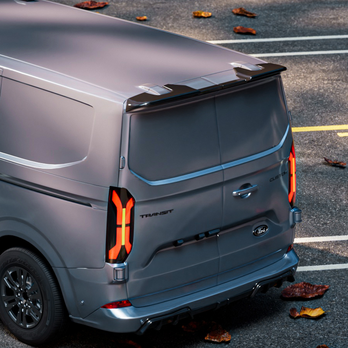 Gloss black rear spoiler installed on Ford Transit Custom