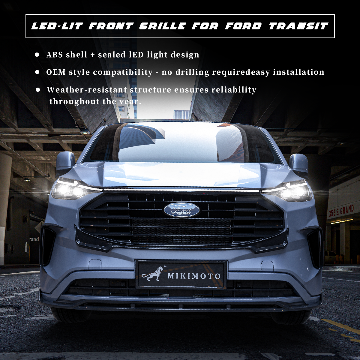 Front Grille with LED Light for Ford Transit – Gloss Black ABS