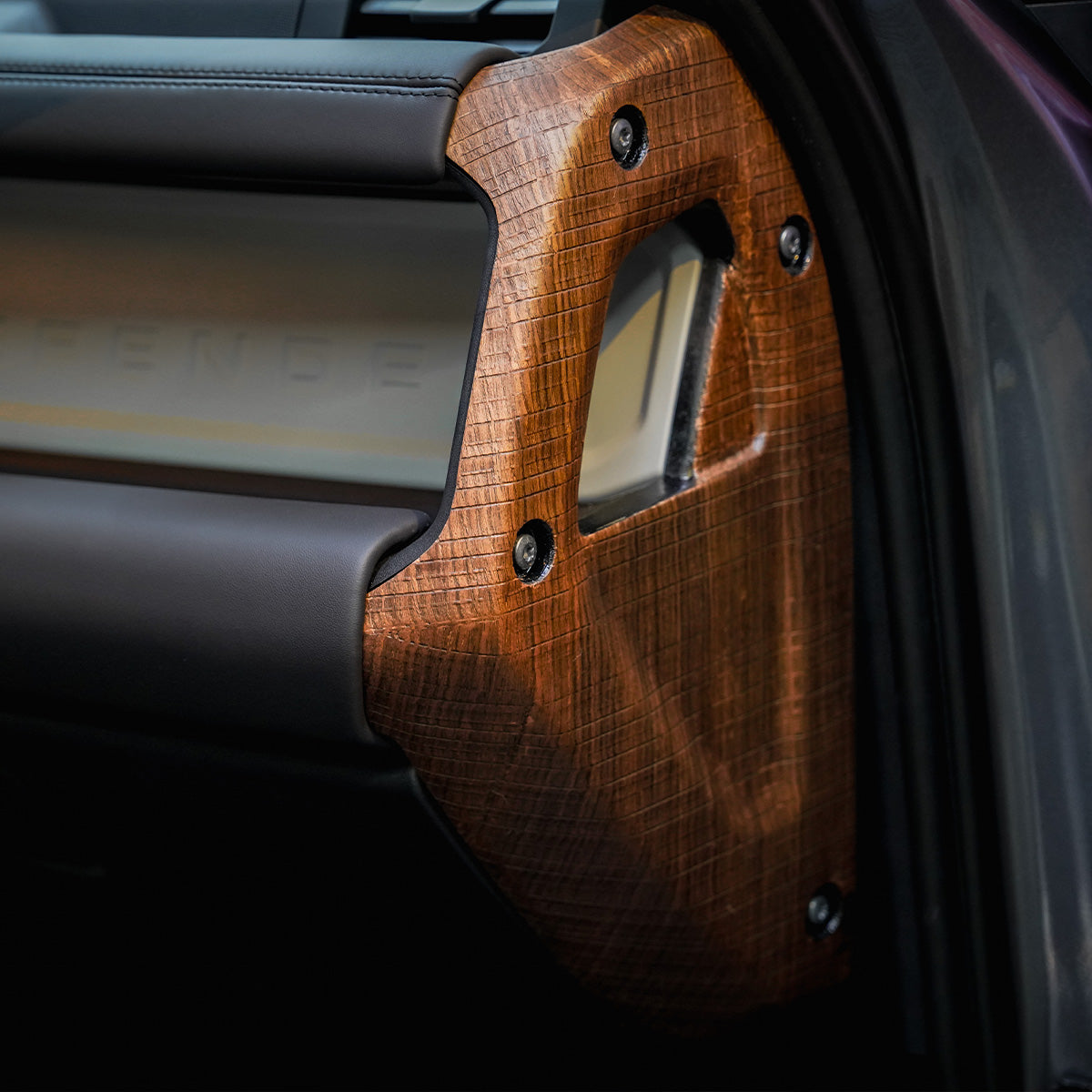Defender steering wheel wood trim installed look