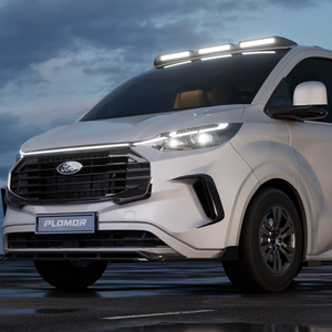 This angled view demonstrates the sleek lines of the gloss black triple LED roof light, designed to elevate both the night-time presence and overall aesthetic of your 2024+ Transit Custom.