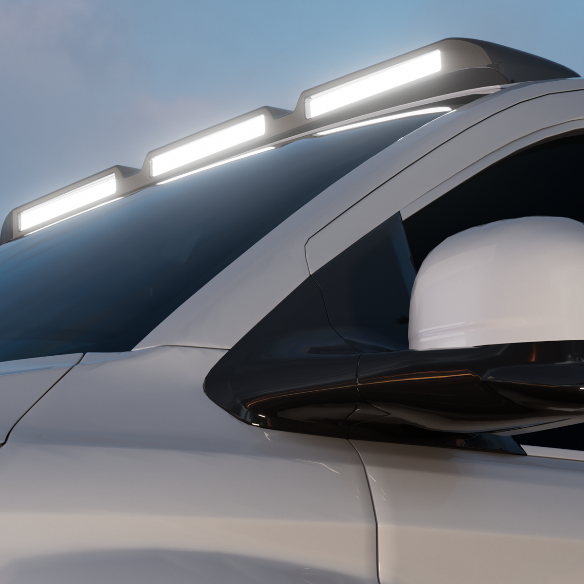 The side profile of this LED roof light kit shows its smooth, factory-style fit on the 2024+ Transit Custom, providing improved visibility and a premium gloss black finish for modern styling.