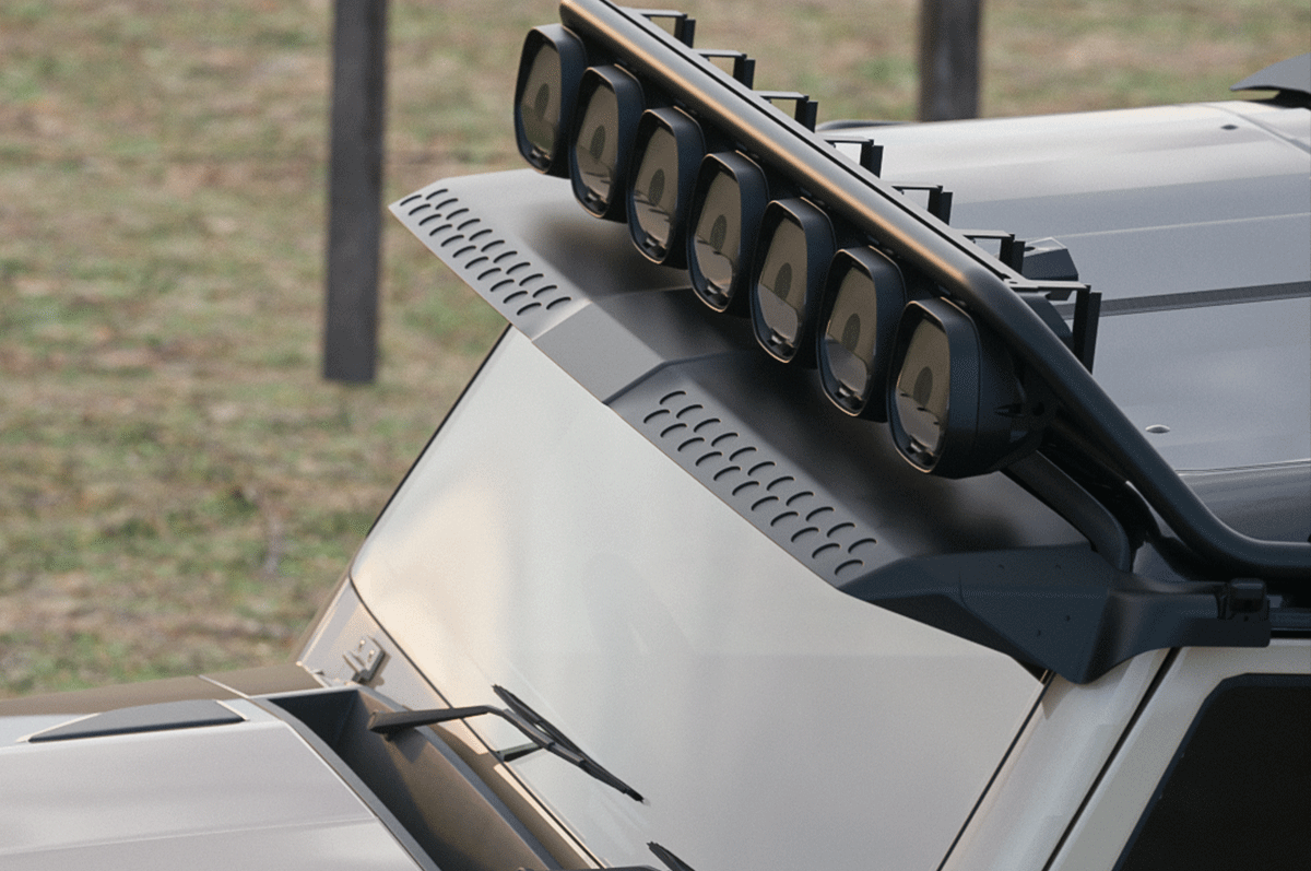 Enhanced Driving Visibility - PLOMOR ABS Front Awning for INEOS Grenadier – Roof-Mounted Sunshade & Rain Protection