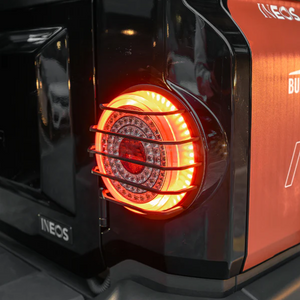 Rear view of Ineos Grenadier fitted with off-road taillight guards, offering reliable protection while maintaining a rugged factory appearance.1