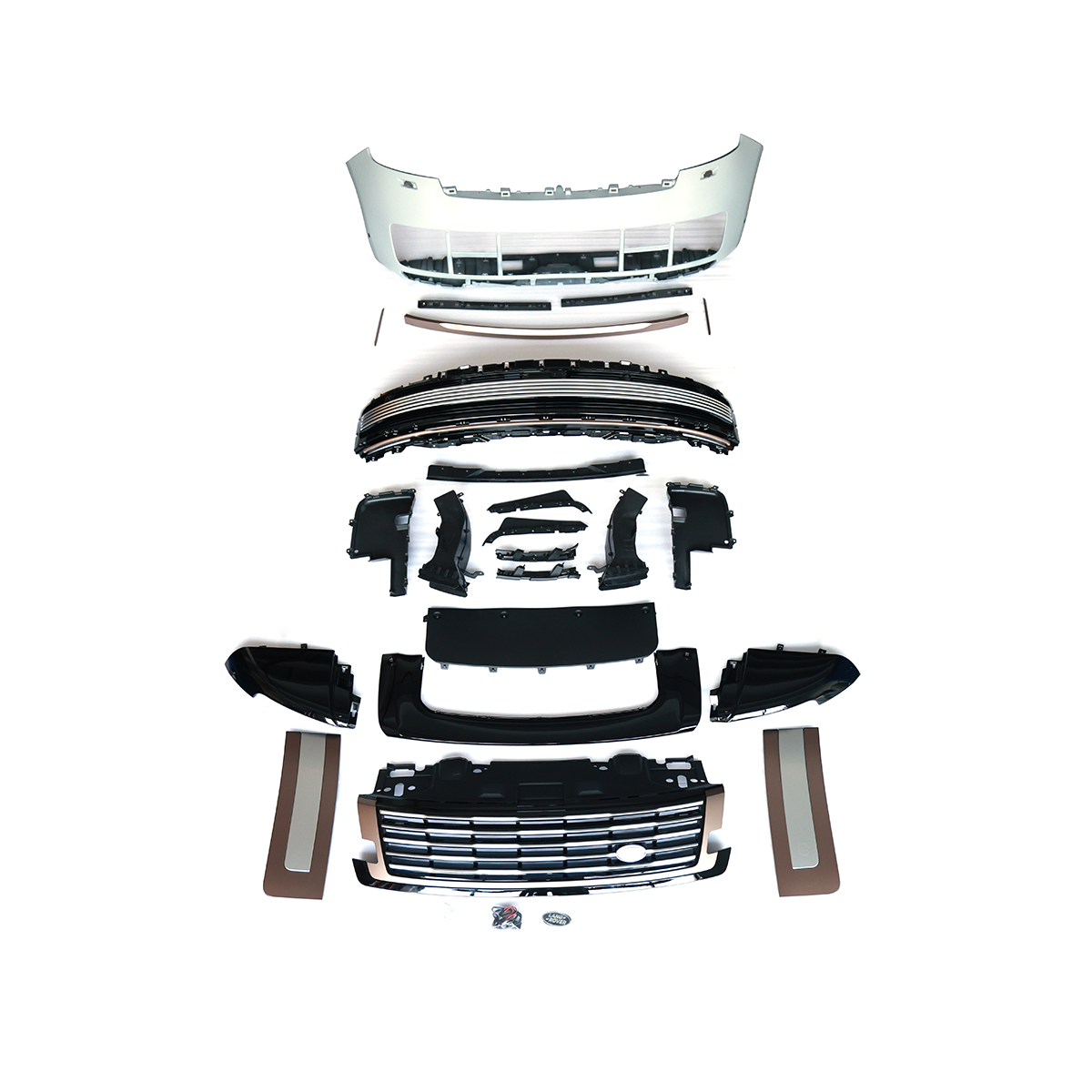 PLOMOR SV-style front bumper kit in Bronze and Pearl Nickel for Range Rover L460 (2022+), made from durable PP for an aggressive, luxury two-tone appearance.