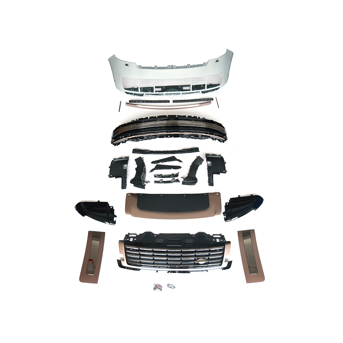 PLOMOR SV-style front bumper kit in Gloss Black and Silver accents for Range Rover L460 (2022+), made from durable PP for an aggressive, luxury two-tone appearance.