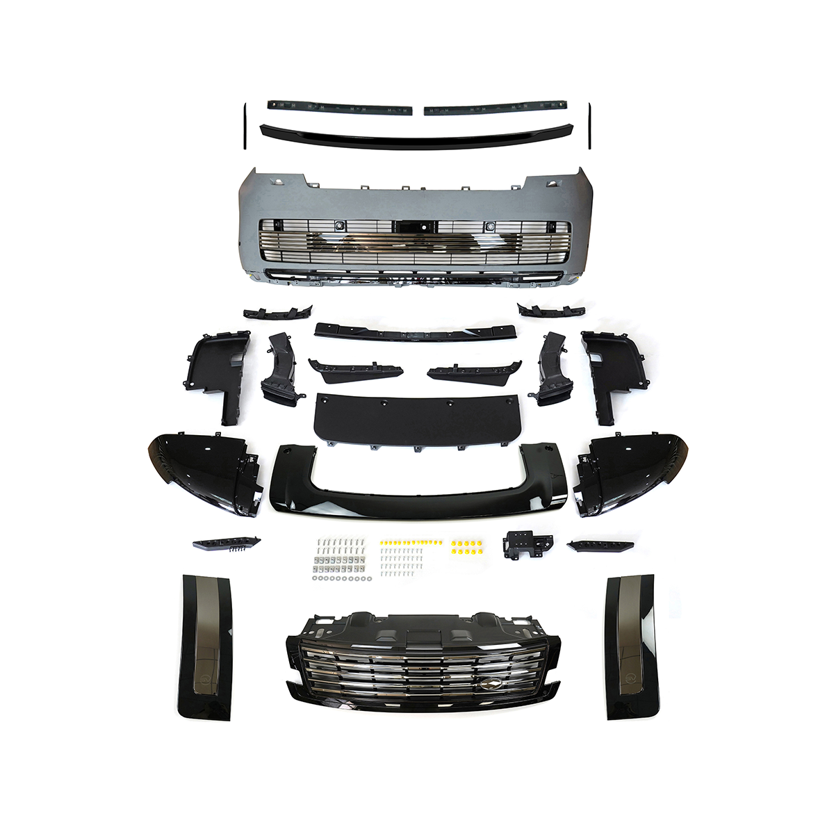 PLOMOR SV-style front bumper kit in Gold Metallic finish for Range Rover L460 (2022+), crafted from durable PP for an aggressive, ultimate luxury look.
