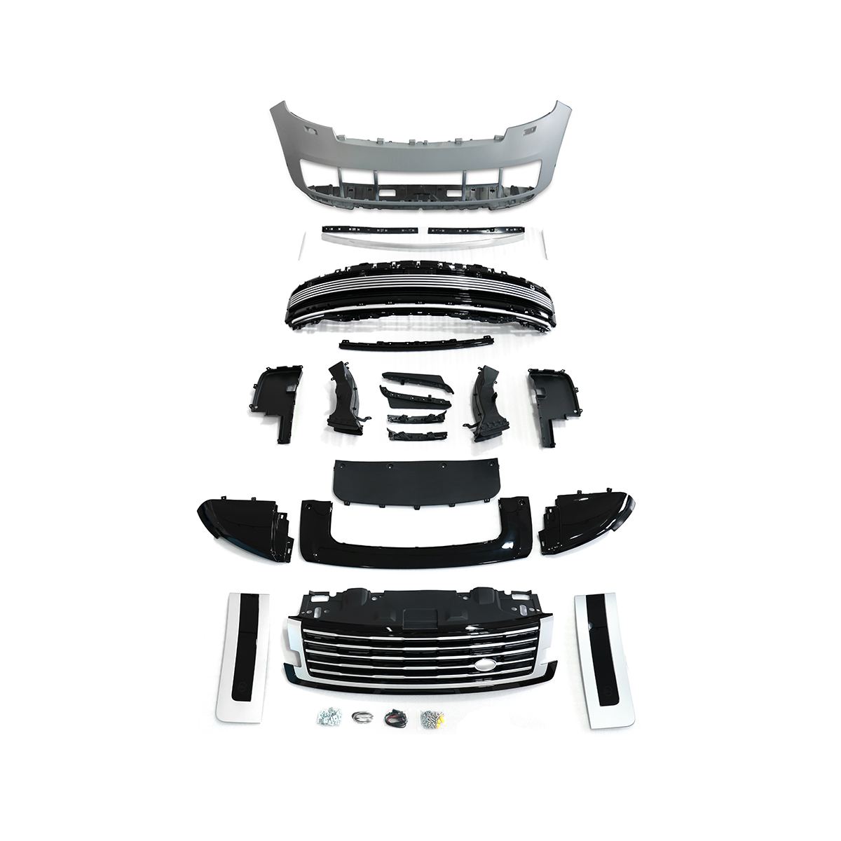 PLOMOR SV-style front bumper kit in Gunmetal Grey and Black for Range Rover L460 (2022+), made from durable PP for an aggressive, two-tone sporty appearance.