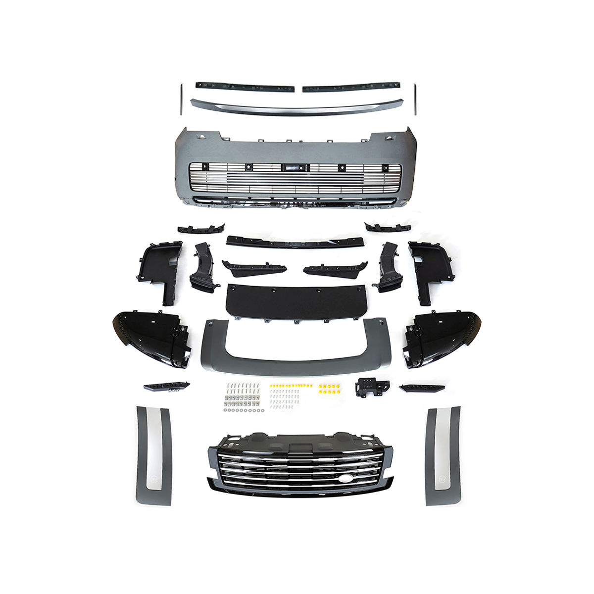 PLOMOR SV-style front bumper kit in Gunmetal Grey and Black for Range Rover L460 (2022+), made from durable PP for an aggressive, two-tone sporty appearance