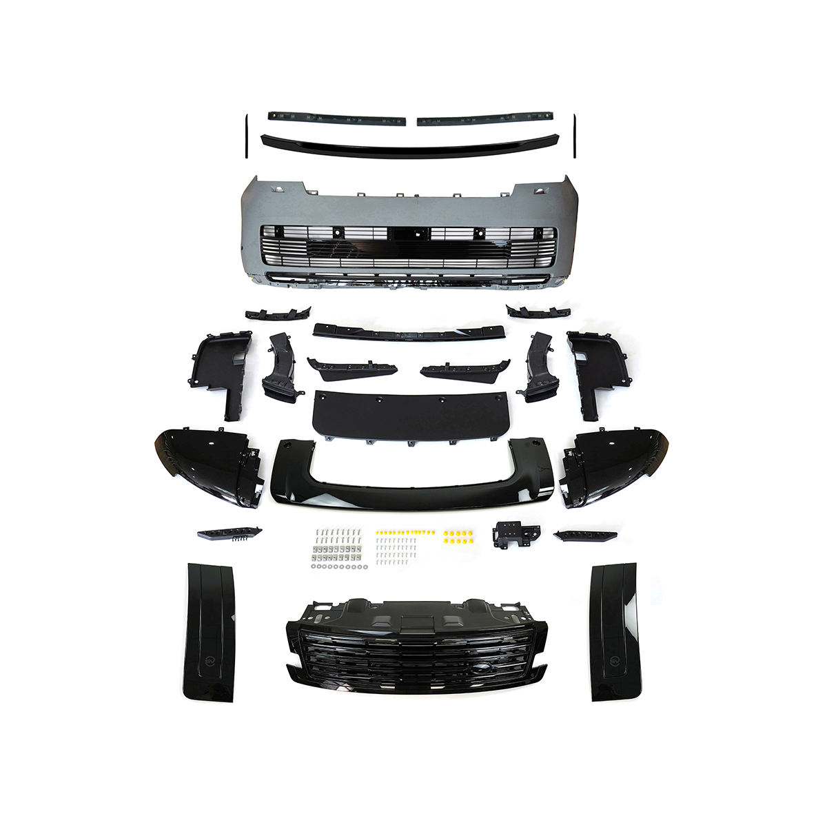 PLOMOR SV-style front bumper kit in Gunmetal Grey and Black for Range Rover L460 (2022+), made from durable PP for an aggressive, two-tone sporty appearance.