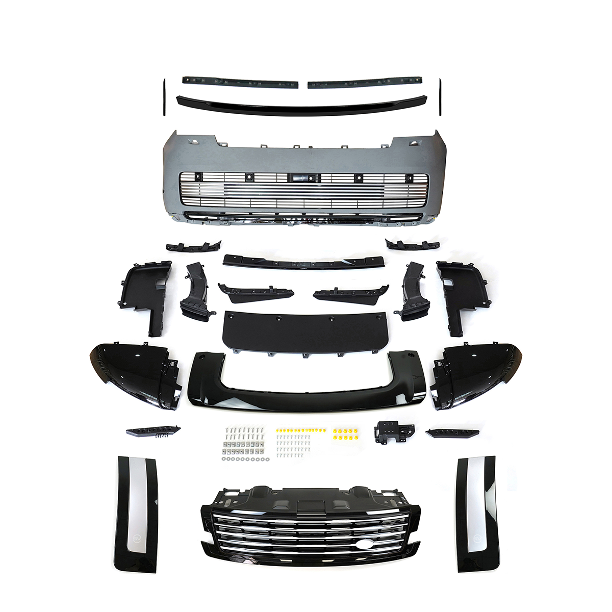 PLOMOR SV-style front bumper kit in Gunmetal Grey and Black for Range Rover L460 (2022+), made from durable PP for an aggressive, two-tone sporty appearance.