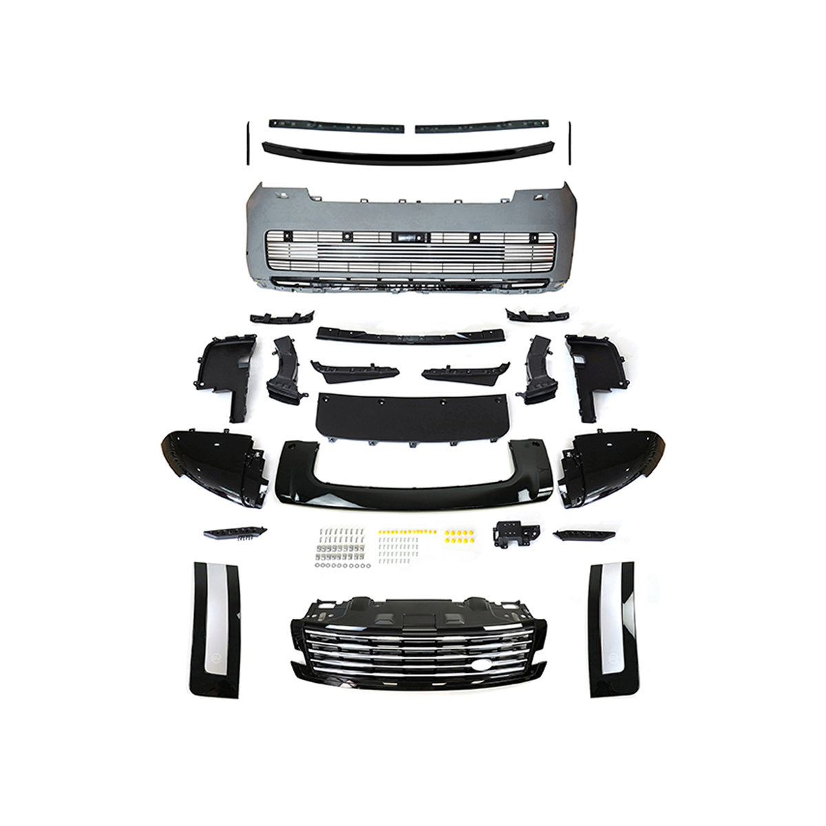 PLOMOR SV-style front bumper kit in Gunmetal Grey and Black for Range Rover L460 (2022+), made from durable PP for an aggressive, two-tone sporty appearance.