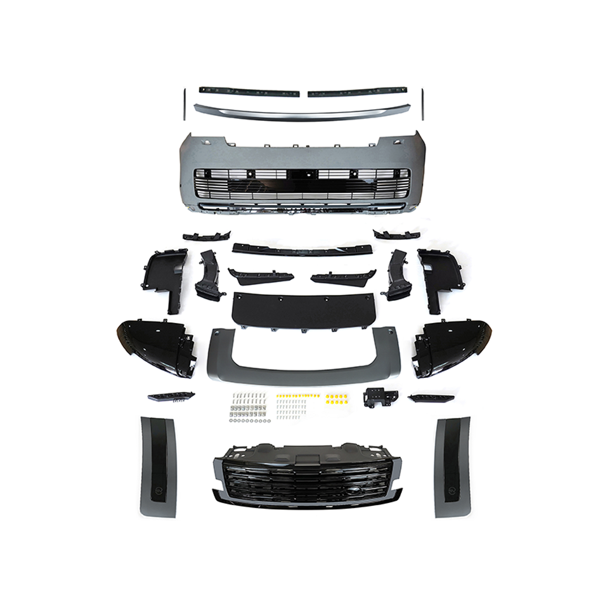 PLOMOR SV-style front bumper kit in Gunmetal Grey and Black for Range Rover L460 (2022+), made from durable PP for an aggressive, two-tone sporty appearance.