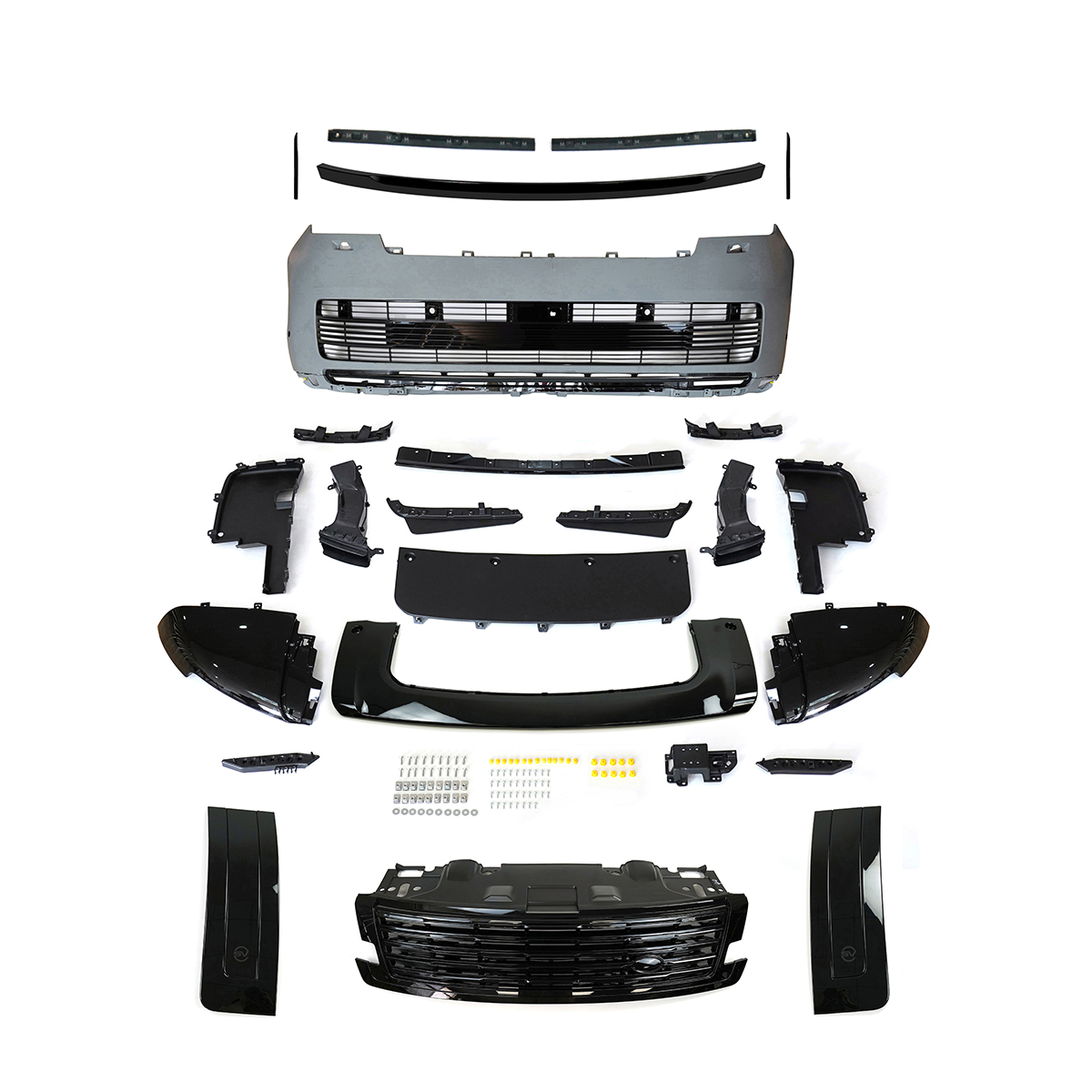PLOMOR SV-style front bumper kit in Gunmetal Grey and Black for Range Rover L460 (2022+), made from durable PP for an aggressive, two-tone sporty appearance.