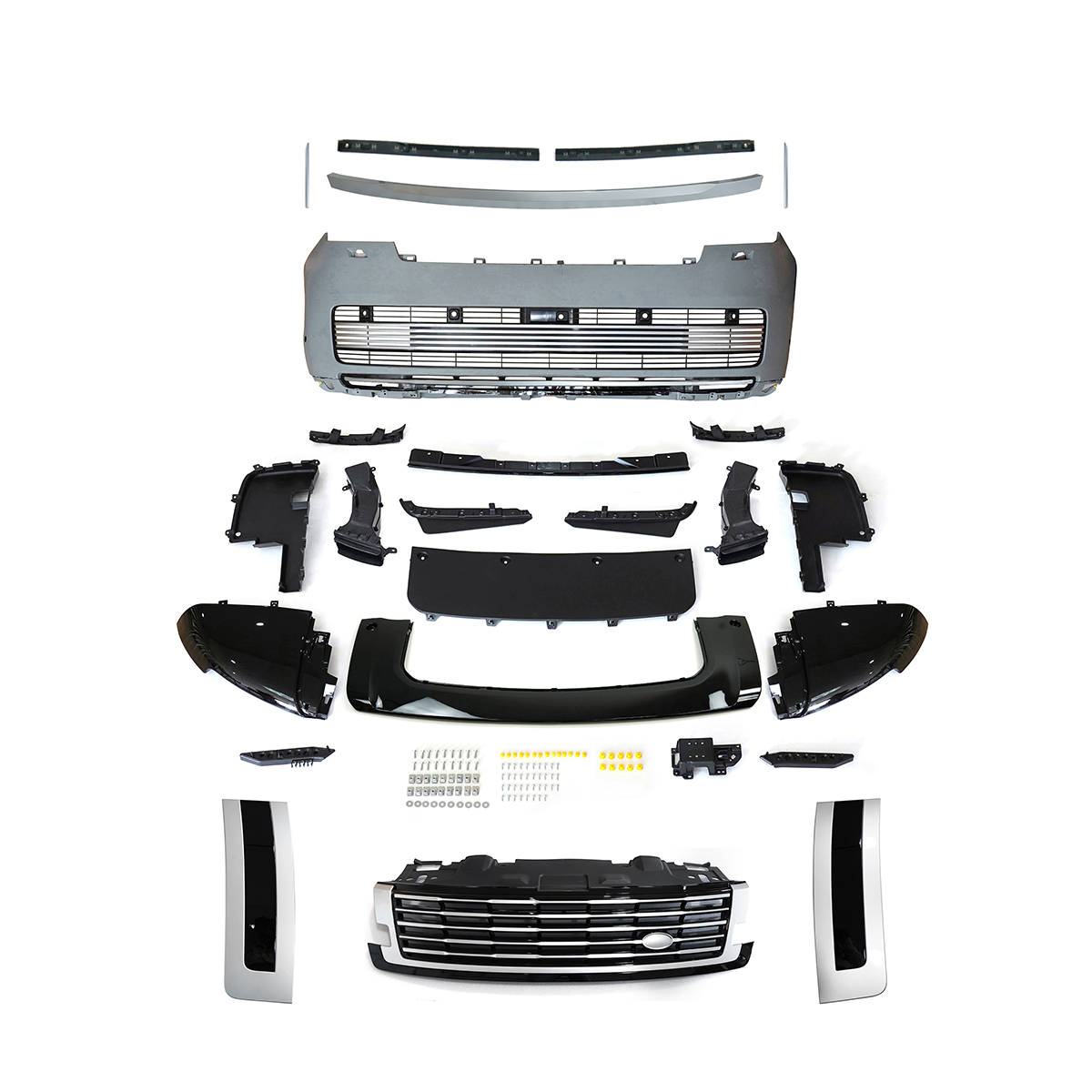 PLOMOR SV-style front bumper kit in Gunmetal Grey and Pearl Nickel for Range Rover L460 (2022+), made from durable PP for an aggressive, luxury two-tone appearance.