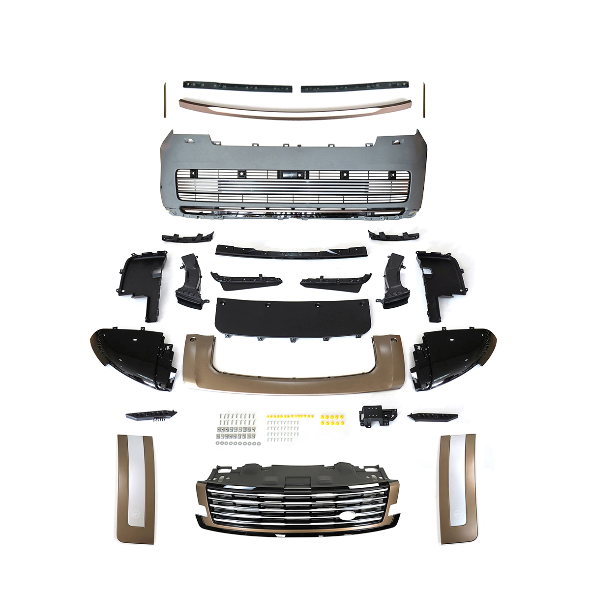 PLOMOR SV-style front bumper kit in Carpathian Grey for Range Rover L460 (2022+), made from durable PP for an aggressive, sporty appearance.