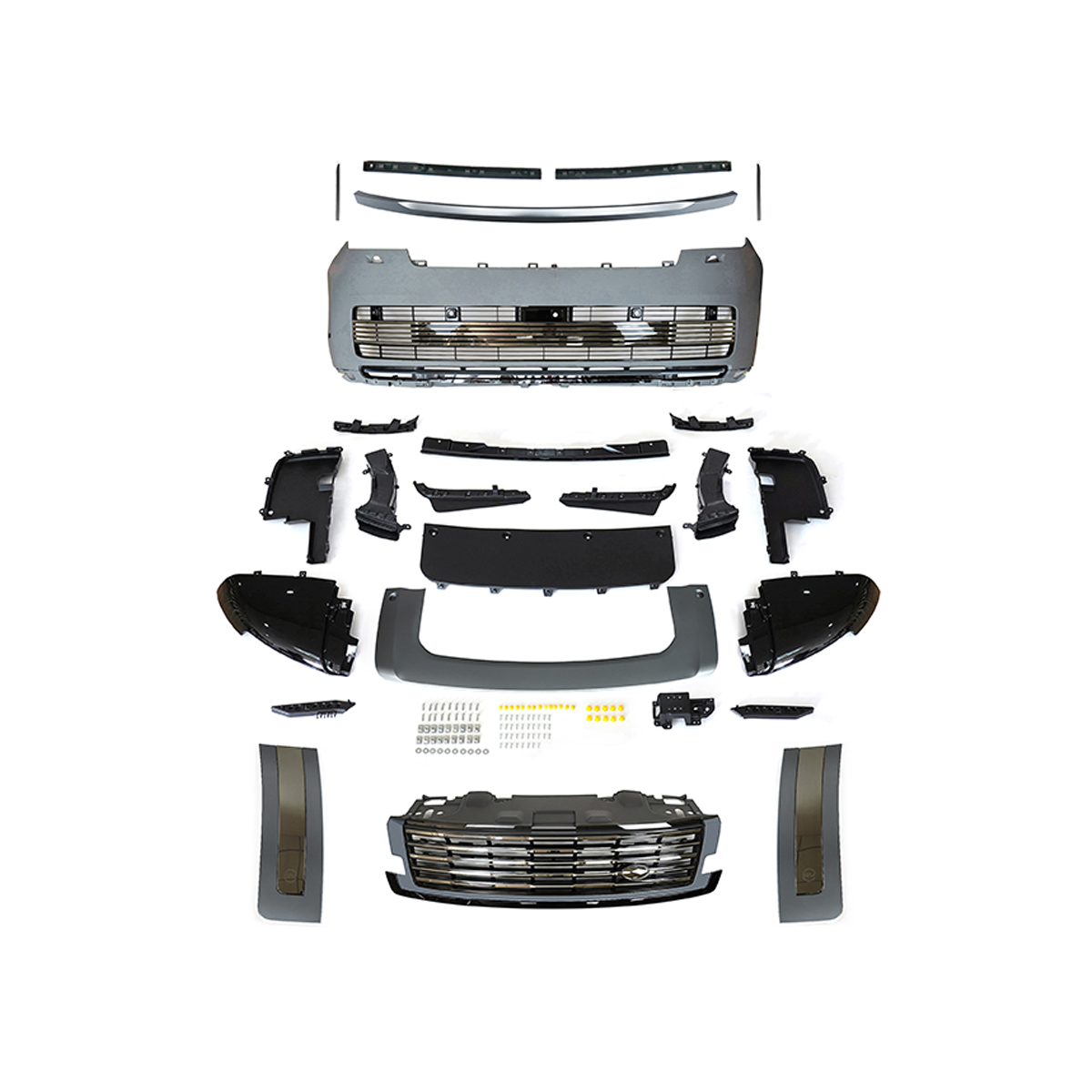 PLOMOR SV-style front bumper kit in Satin Silver Grey finish for Range Rover L460 (2022+), crafted from durable PP for an aggressive, sophisticated matte look