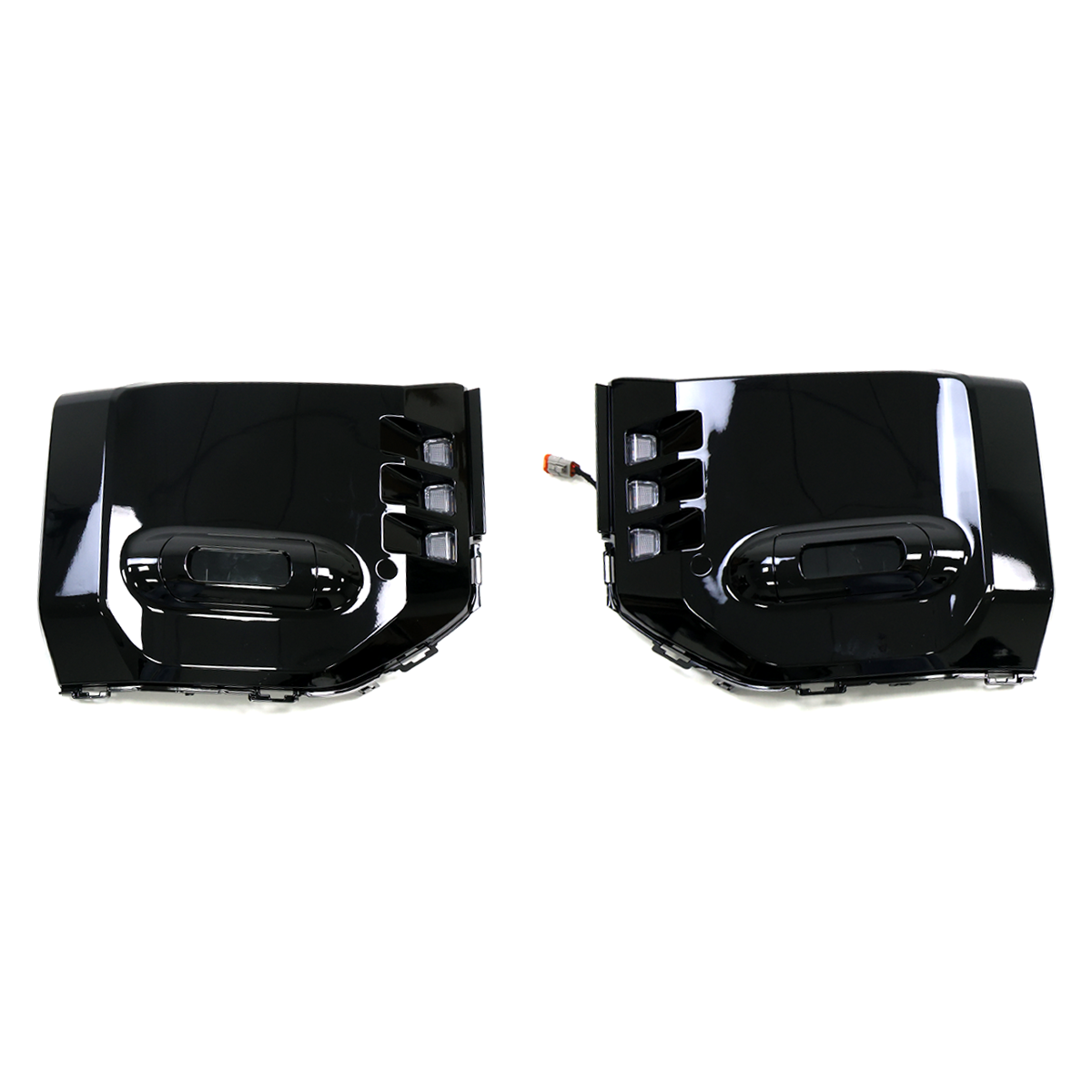 Gloss Black fog light frame for Toyota LC250 (2024+), with optional DRL and sequential turn signals. Durable ABS, custom fit, requires minor trimming and drilling.