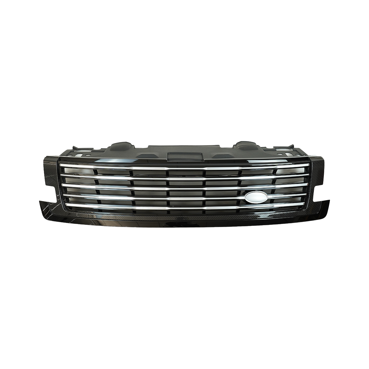 PLOMOR SV-style front grille close-up for Range Rover L461, highlighting the durable ABS construction, premium chrome plating, and precise OEM fitment clips.