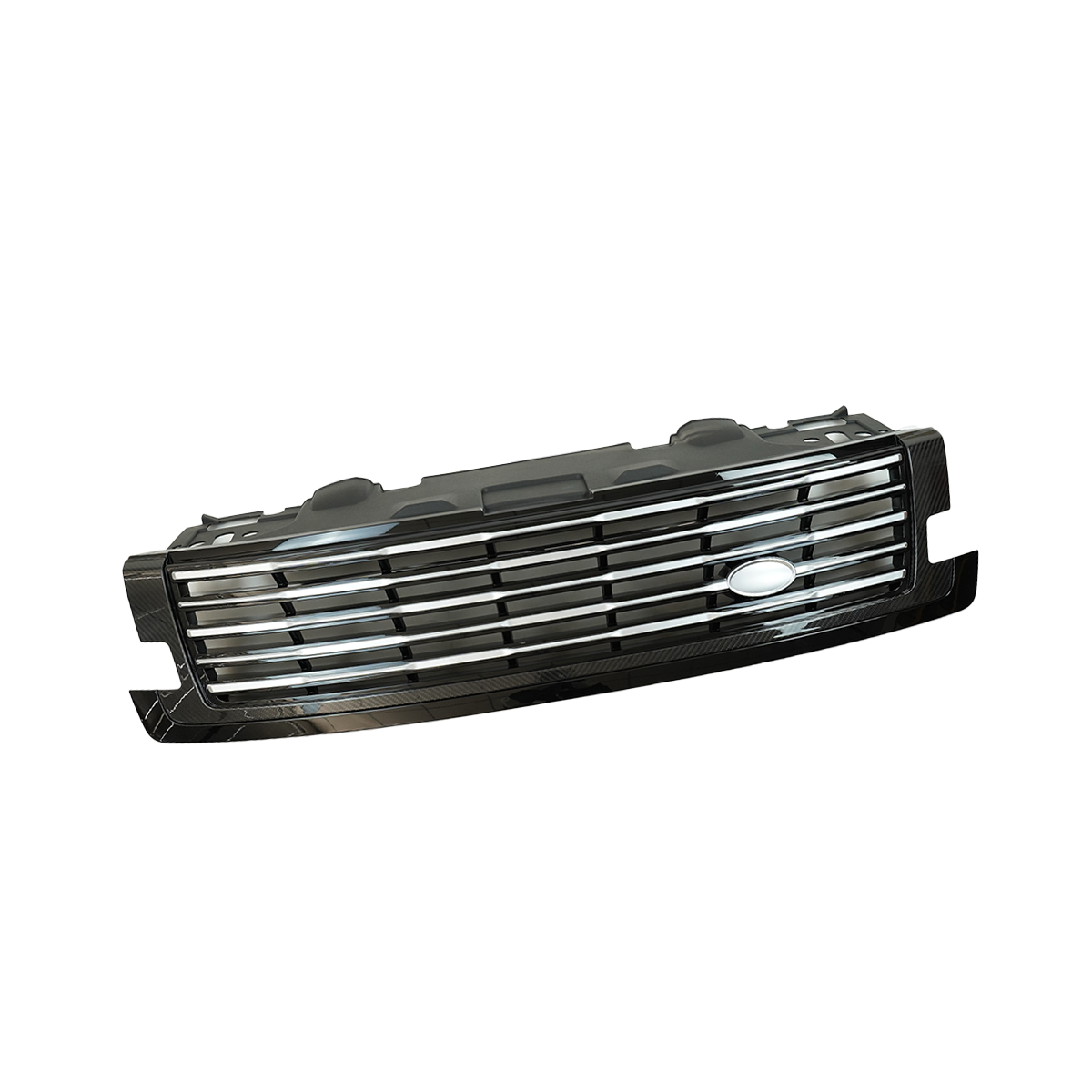 PLOMOR SV-style front grille close-up for Range Rover L461, highlighting the durable ABS construction, premium chrome plating, and precise OEM fitment clips.
