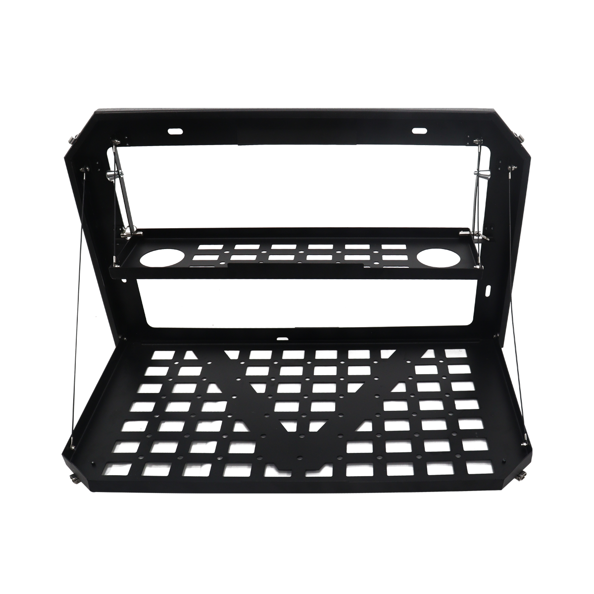 PLOMOR Tailgate Folding Table securely mounted to the INEOS Grenadier inner tailgate, folded down to provide a stable camp kitchen surface or tool shelf with tension support cables visible.