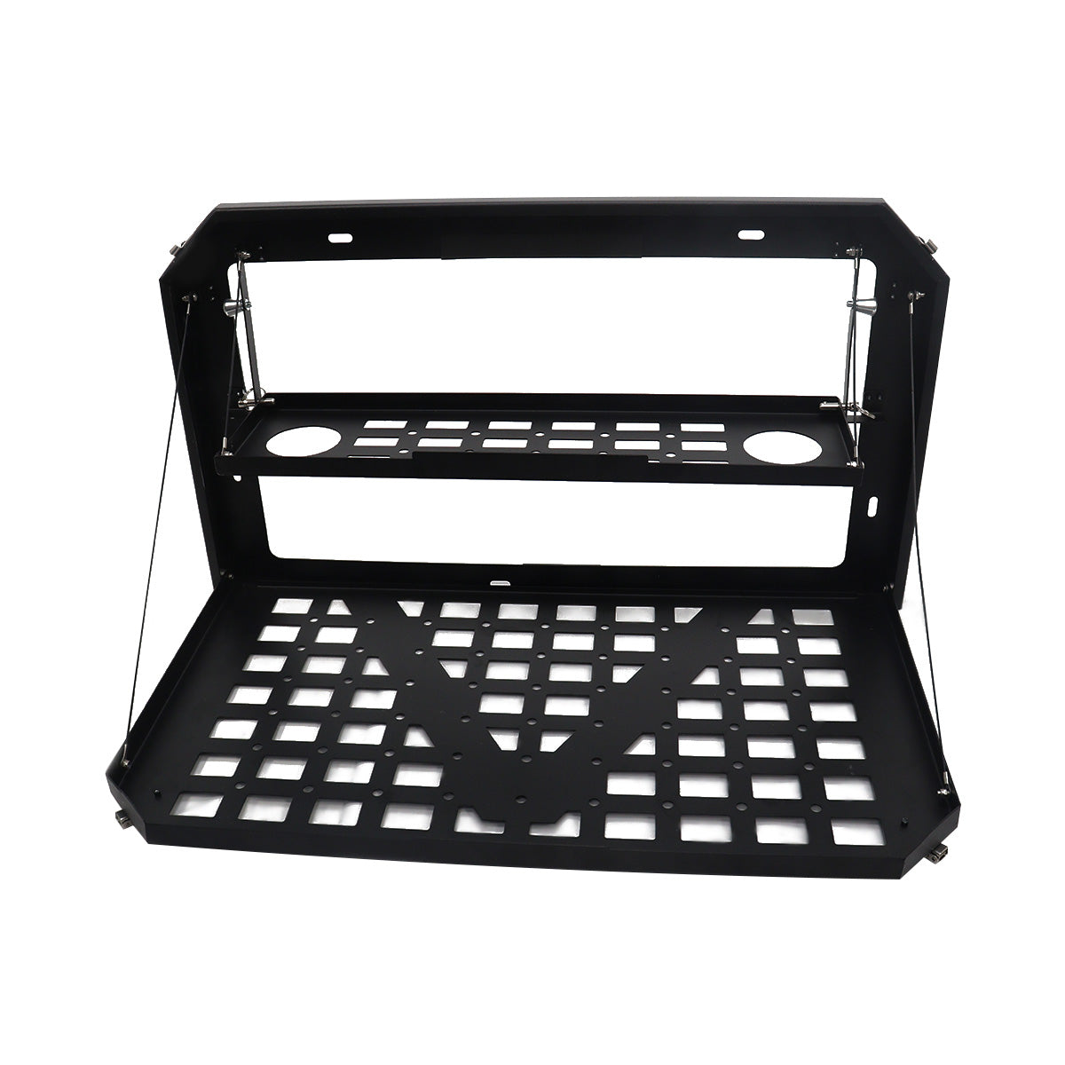 Close-up of the PLOMOR Grenadier Folding Table, showing precision laser-cut steel, MOLLE-compatible mounting slots, and integrated cup/bottle cut-outs.