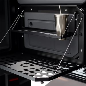 PLOMOR Heavy-Duty Rear Tailgate Folding Table for INEOS Grenadier. Powder-coated steel multi-function platform for overlanding, camping, and stable workspace