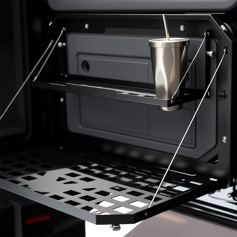 PLOMOR Heavy-Duty Rear Tailgate Folding Table for INEOS Grenadier. Powder-coated steel multi-function platform for overlanding, camping, and stable workspace