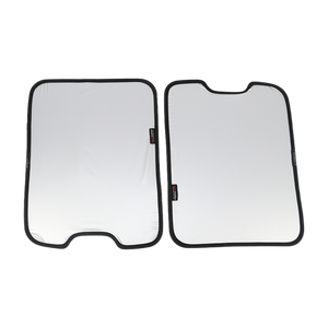 PLOMOR custom-fit, two-piece roof sun shade for Ineos Grenadier skylights. Features dual-sided silver/black fabric for heat reduction and interior protection.