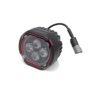PLOMOR rugged, round LED spotlights for Ineos Grenadier. Features powerful white driving light and an integrated amber halo for DRL/turn signal function.