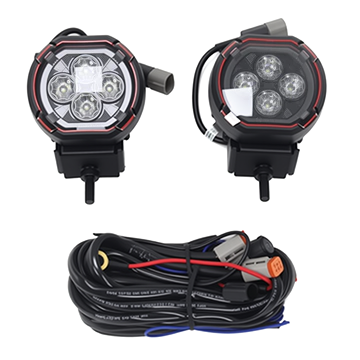 PLOMOR rugged, round LED spotlights for Ineos Grenadier. Features powerful white driving light and an integrated amber halo for DRL/turn signal function.