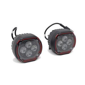 PLOMOR rugged, round LED spotlights for Ineos Grenadier. Features powerful white driving light and an integrated amber halo for DRL/turn signal function.