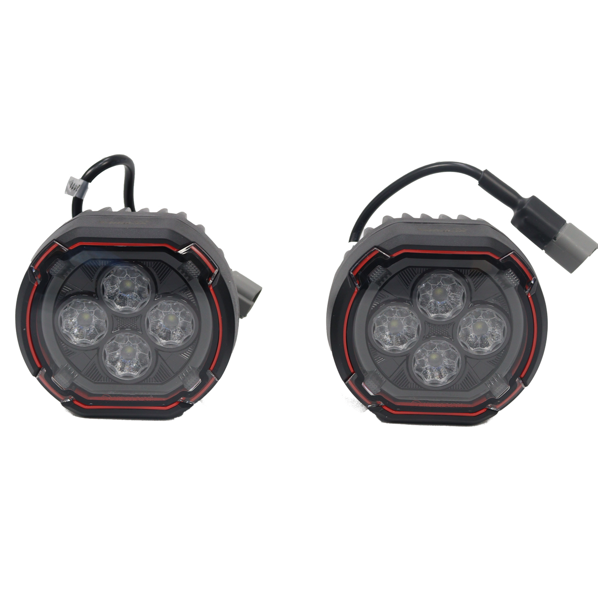 PLOMOR dual-function round LED spotlights for Ineos Grenadier. Features a bright white beam and an amber halo ring for use as DRL or turn signal.
