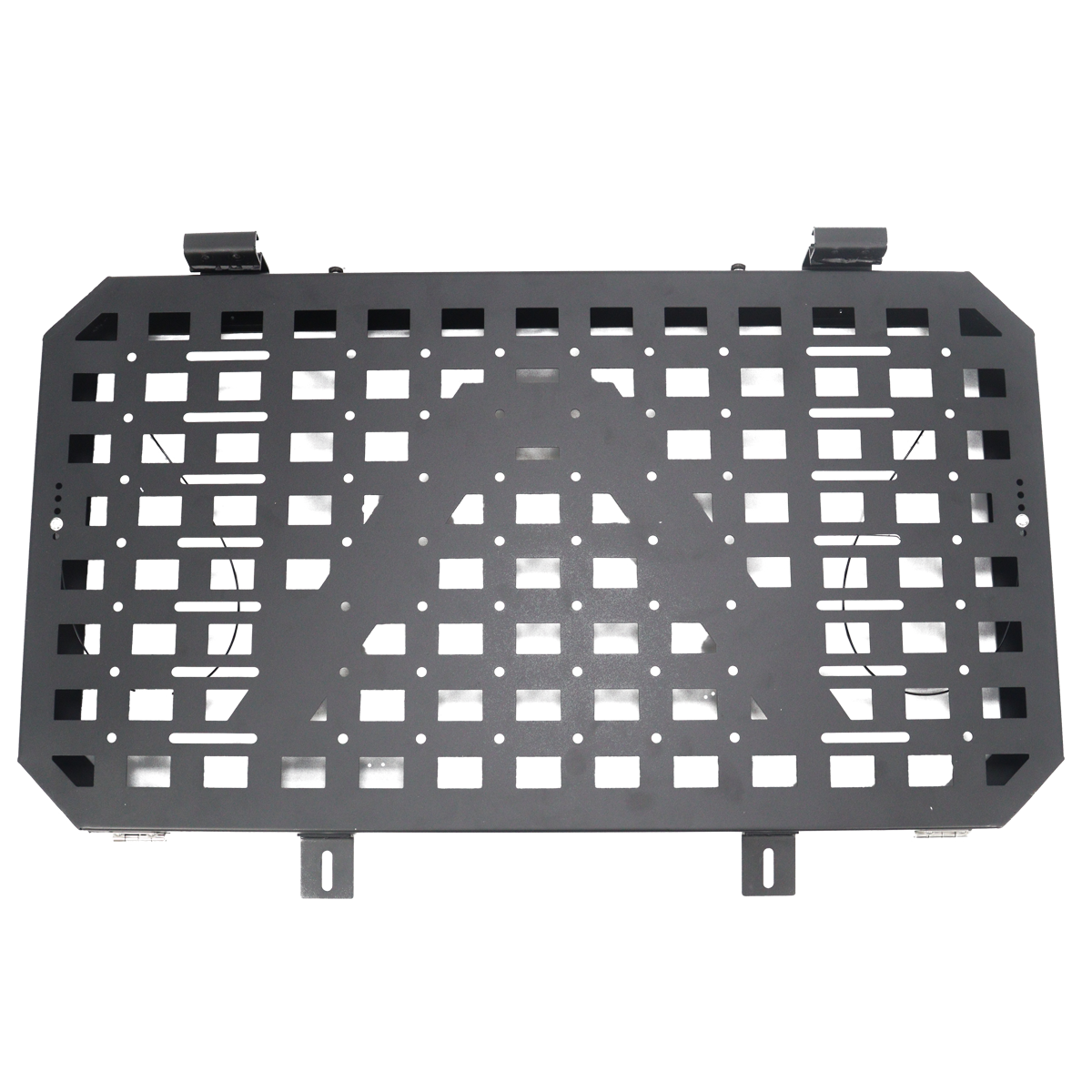 PLOMOR tactical steel window armor panel for INEOS Grenadier rear side windows. Features a MOLLE grid for modular storage and exterior protection.