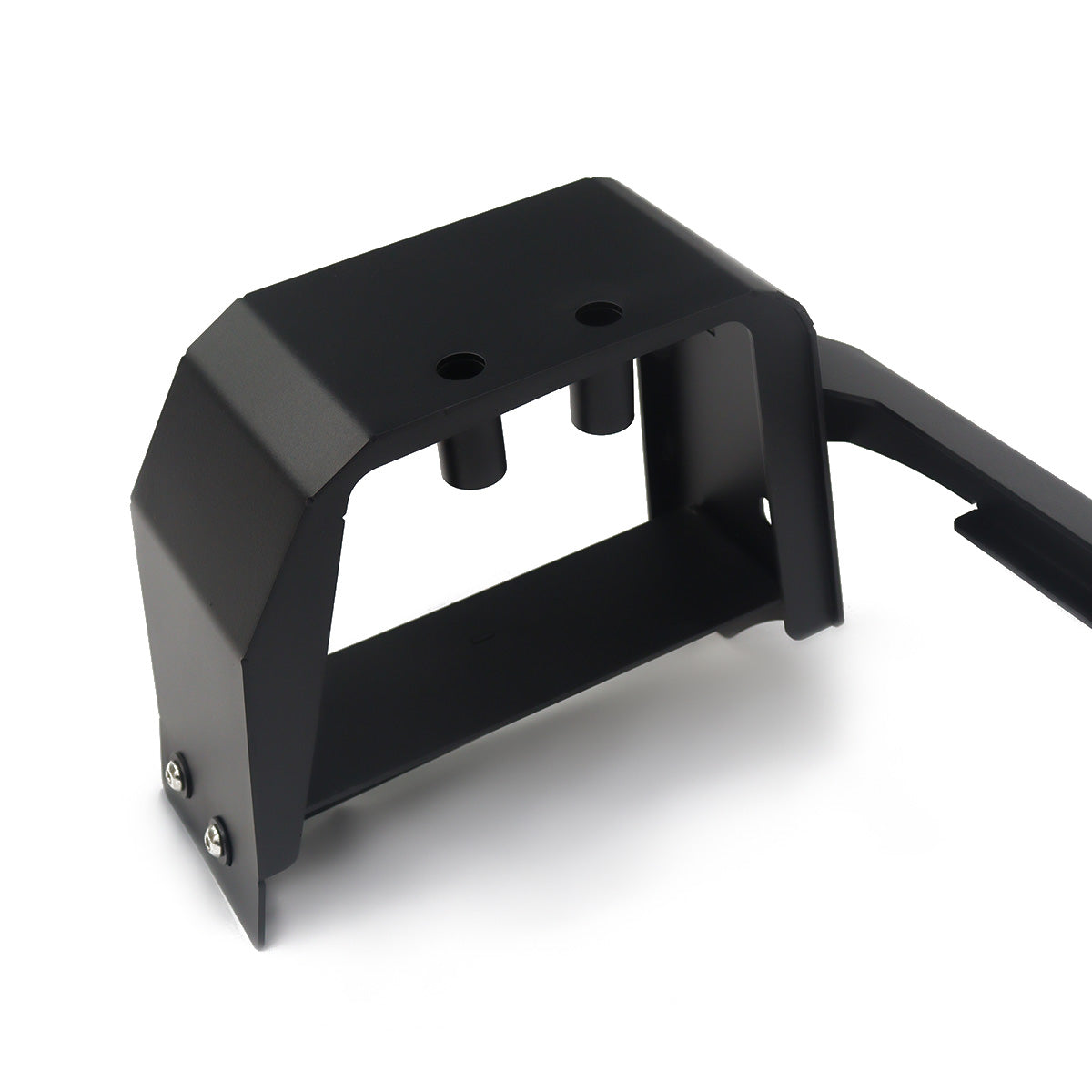 PLOMOR aluminium and steel front bumper light mount bracket for Ineos Grenadier. Gloss black finish, custom-fit for two spotlights or one LED light bar.